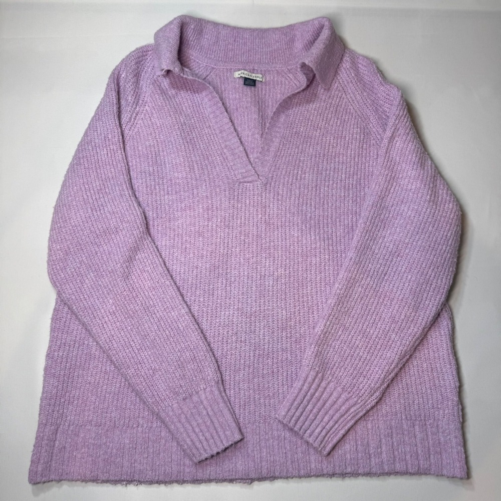 American Eagle Sweater Womens S Purple Polo V-Neck Ribbed Oversized Knit Soft